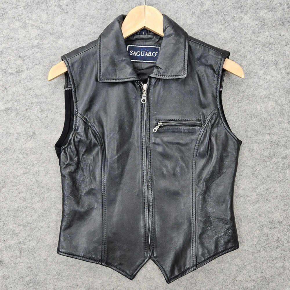 Saguaro Women's Black Leather Vest Size S Genuine Leather Zip Up Moto Biker Knit